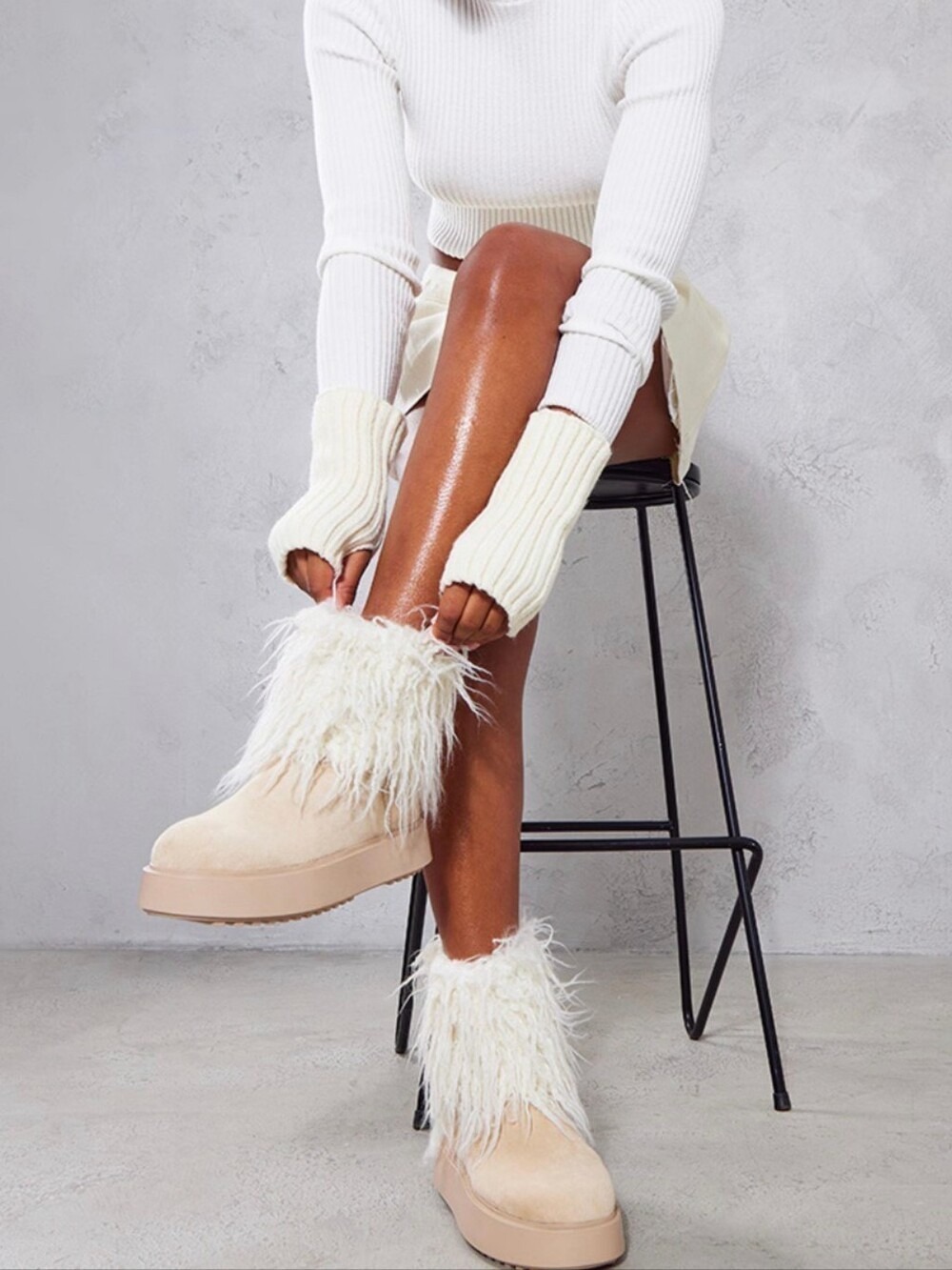 Cream Faux Suede Faux Fur Ankle Boots Size 8